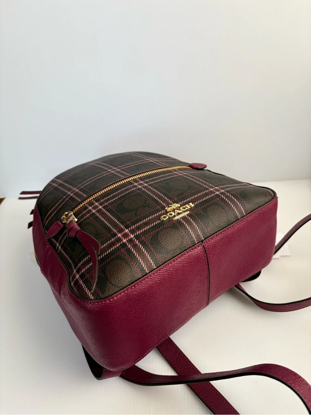 Coach Jordyn Backpack  Signature Plaid Brown/Fuchsia MFSRP $428 NWT